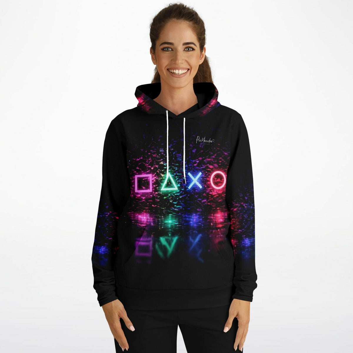 Schwarzer Hoodie mit leuchtendem Gaming-Motiv im Diamond Painting Stil, perfekt für Fans von kreativen DIY-Ideen.