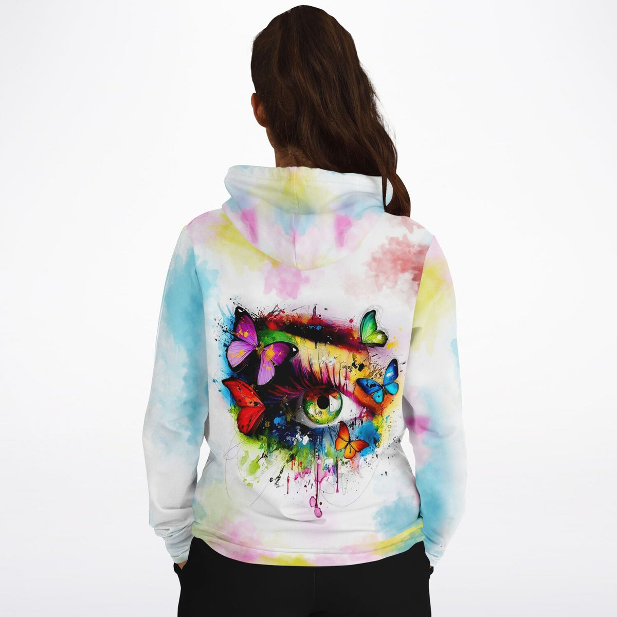 Dreamer Hoodie mit farbenfrohem Augen-Motiv und Schmetterlingen im Watercolor-Stil für Kunst-Liebhaber