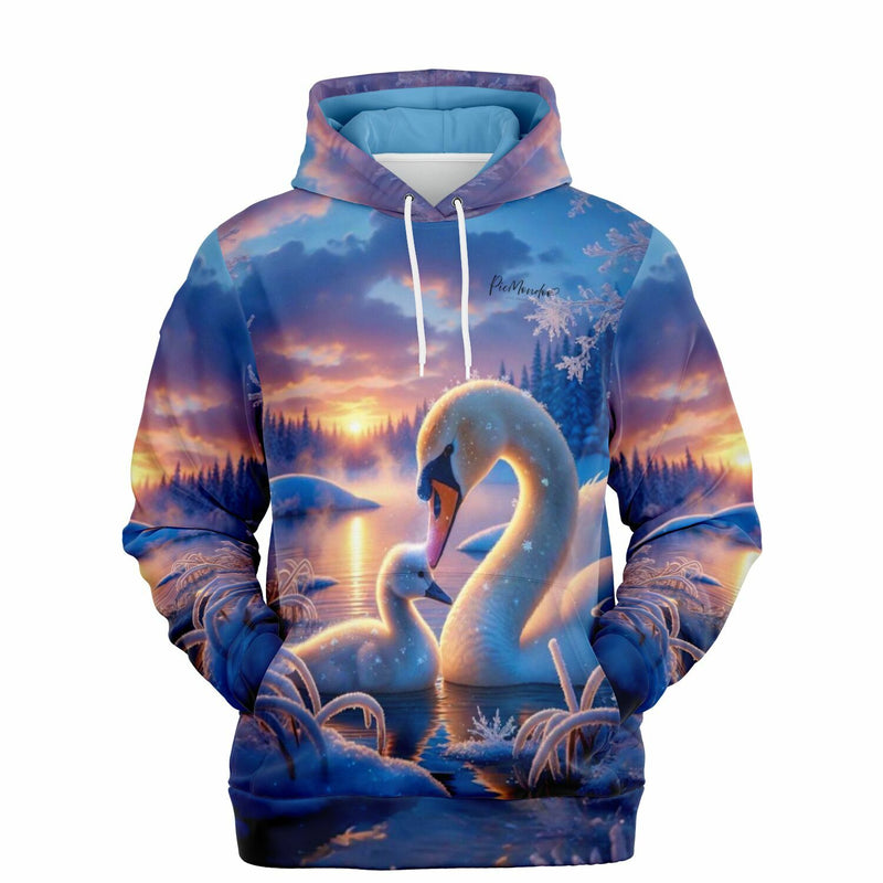 Dreamer Hoodie mit Schwan-Motiv in winterlicher Sonnenuntergang-Landschaft, perfekt für Fans von Diamond Painting