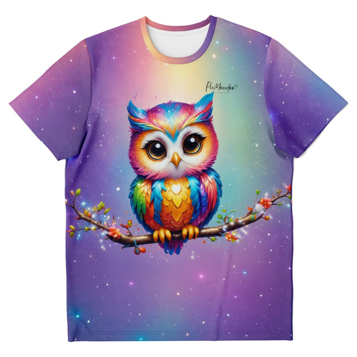 Buntes Eulen T-Shirt im Stil beliebter Diamond Painting Motive auf einem farbenfrohen Hintergrund mit Galaxie-Effekt