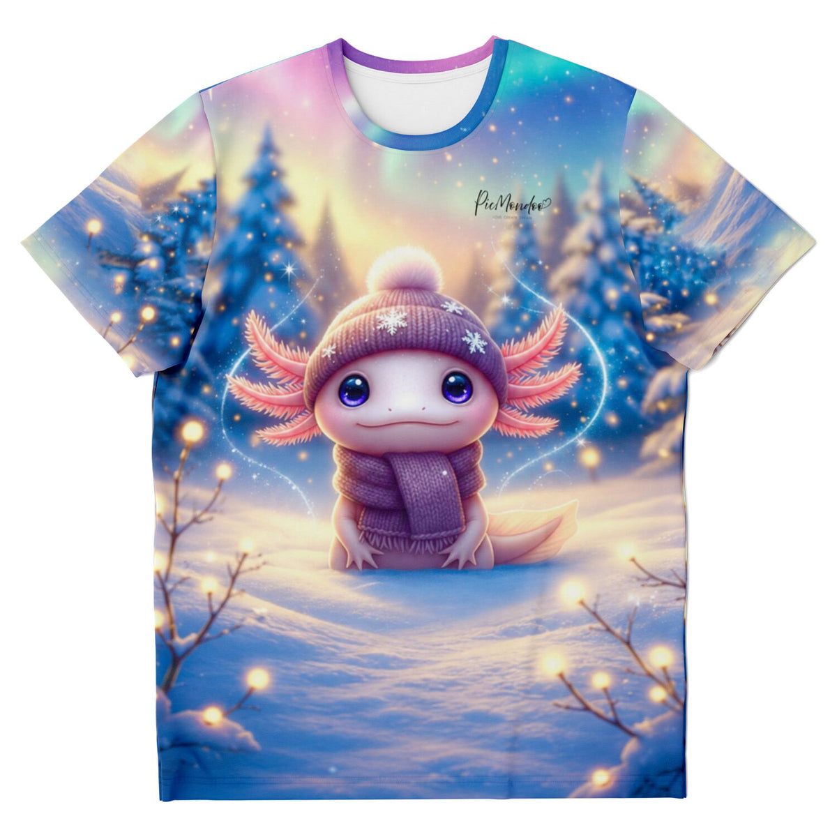 T-Shirt mit süßem Axolotl im Winter-Motiv: Ein Axolotl mit Mütze und Schal im verschneiten Wald bei Sternenglanz.