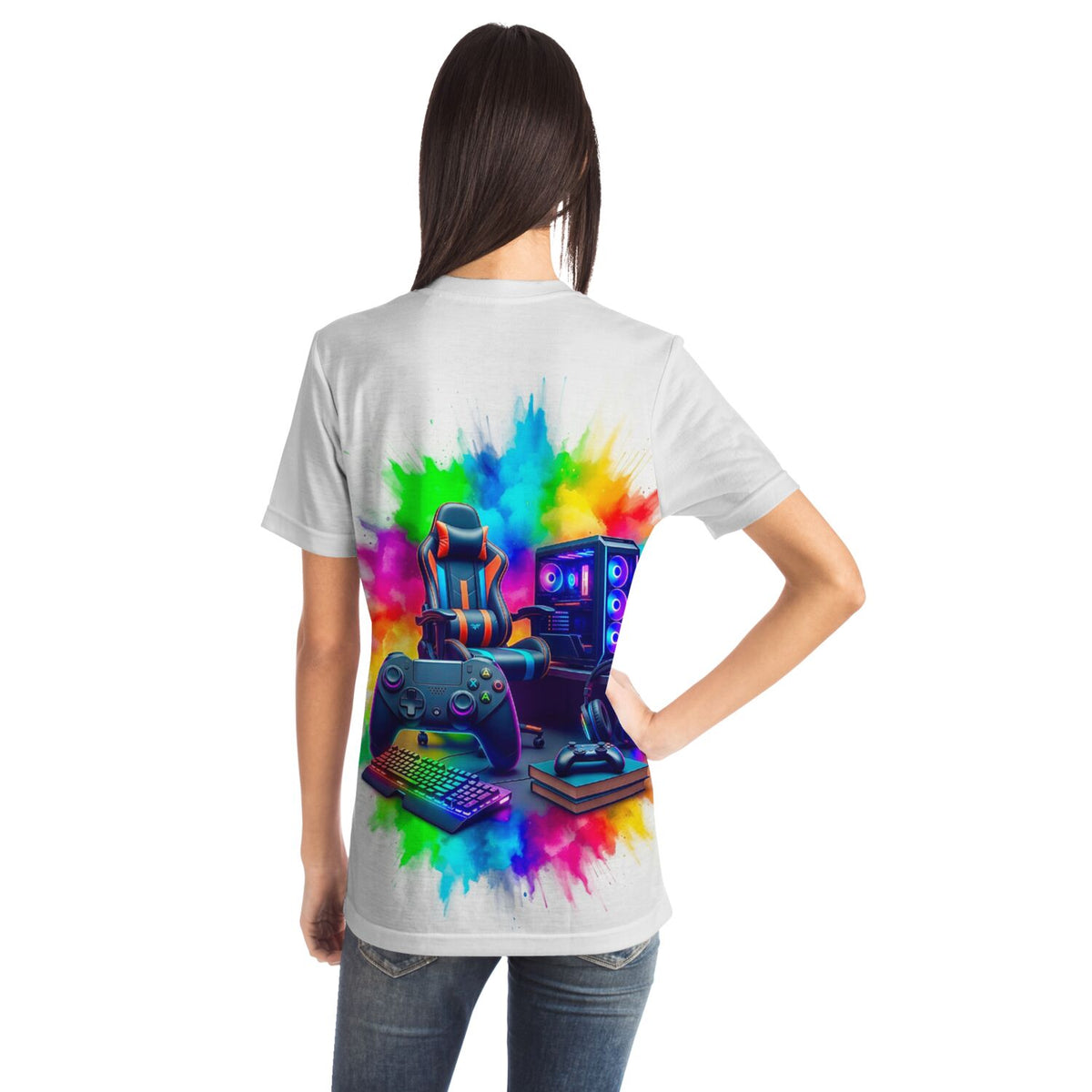 Weißes T-Shirt mit buntem Gaming Zone Aufdruck, perfekt für Fans, die Diamond Painting und Gaming lieben.