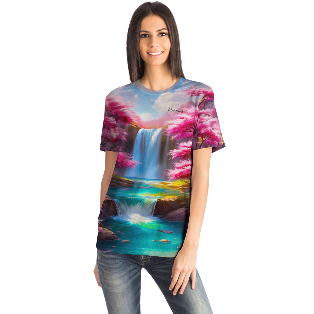Frau trägt T-Shirt mit Kirschblüten am Wasserfall Motiv, inspiriert durch Malen nach Zahlen und Diamond Painting Designs.