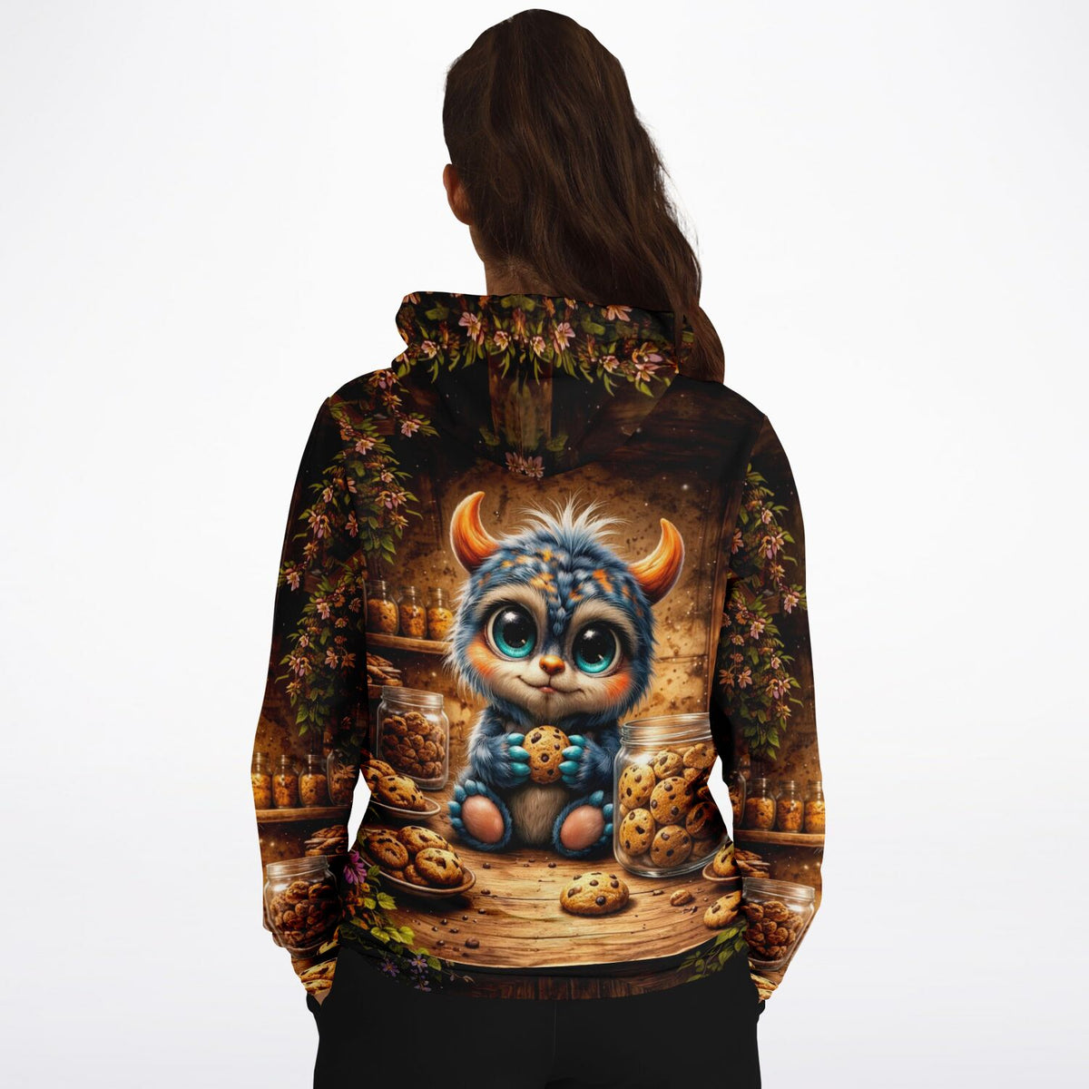 Dreamer Hoodie mit niedlichem Monster-Motiv, das Kekse nascht, im Stil künstlerischer DIY-Kunstwerke wie Diamond Painting.