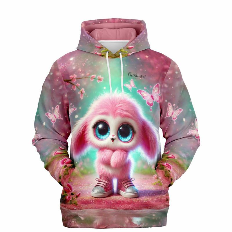 Pinker Dreamer Hoodie mit flauschigem Kulleraugen-Wesen, Schmetterlingen und Blüten im beliebten picmundoo.comsign