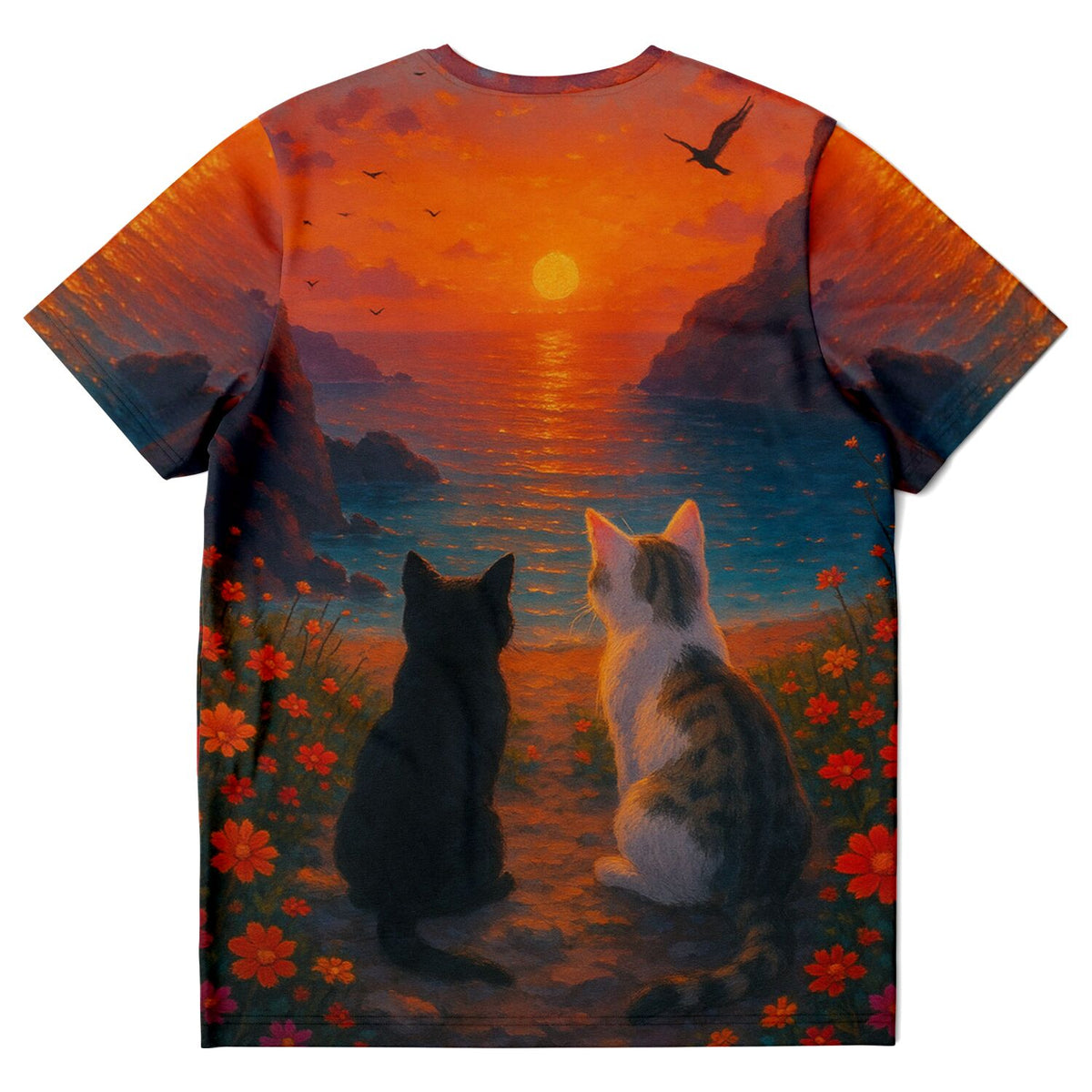 T-Shirt mit Katzen im Sonnenuntergang Motiv, bekannt aus Diamond Painting und Malen nach Zahlen Kollektionen