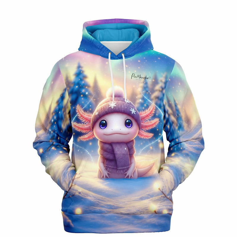 Picmondoo Dreamer Hoodie mit Axolotl-Motiv im Winterwald, perfekt für Fans von Diamond Painting und Malen nach Zahlen