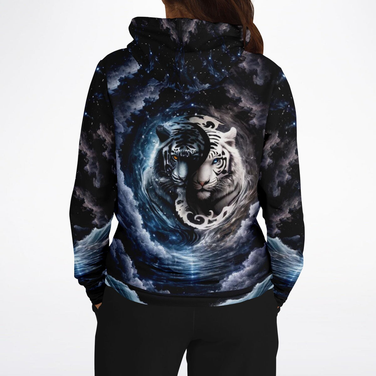 Dreamer Hoodie mit Tiger Ying und Yang Design in galaktischem Wolken-Look, hochwertiger All-Over-Print für Fans der Kunst