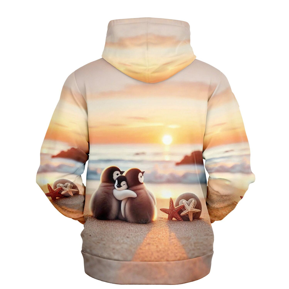 Dreamer Hoodie mit Pinguin-Familie am Strand bei Sonnenuntergang für Fans von Malen nach Zahlen und Diamond Painting