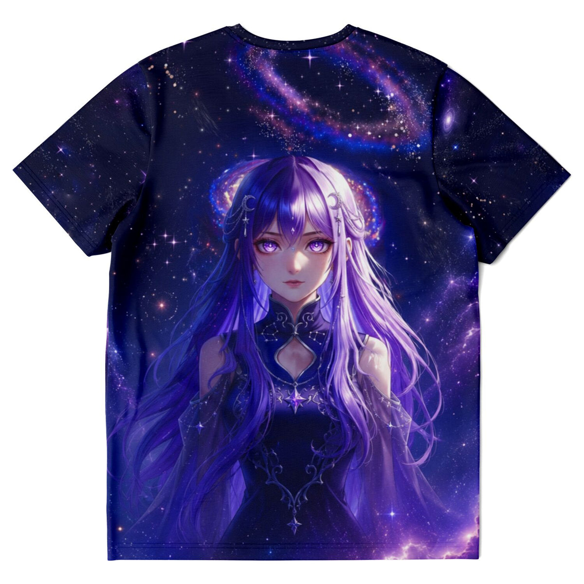 T-Shirt mit lila Anime-Mädchen Motiv vor violettem Sternenhimmel, ähnlich ästhetisch wie Diamond Painting Motive.