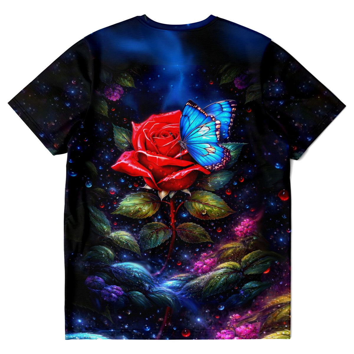 T-Shirt mit künstlerischem Design: rote Rose und blauer Schmetterling, ähnlich ästhetisch wie Diamond Painting Motive.