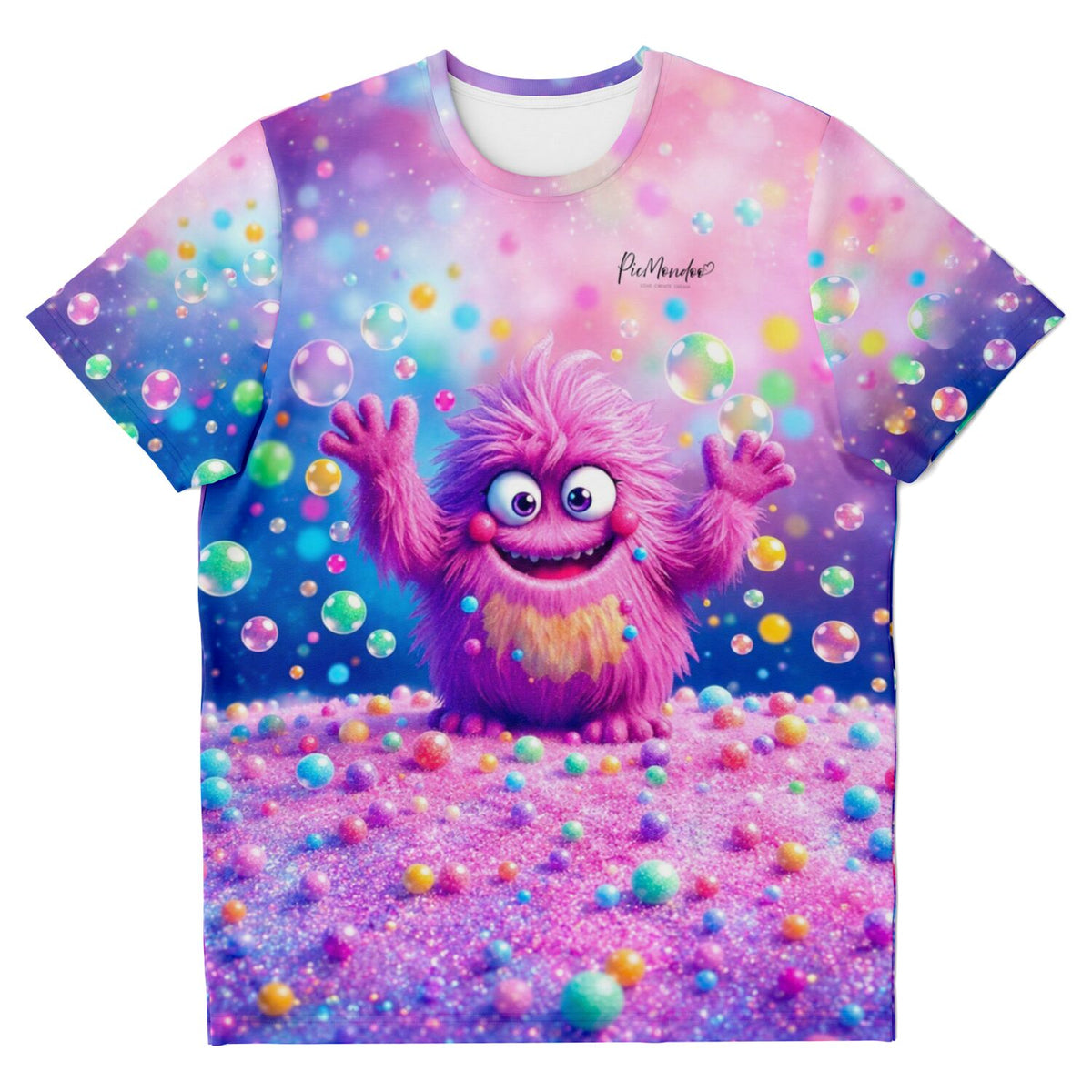 T-Shirt mit buntem Moni-Monster Motiv, inspiriert von Diamond Painting Farben und einer Welt voller schimmernder Blasen