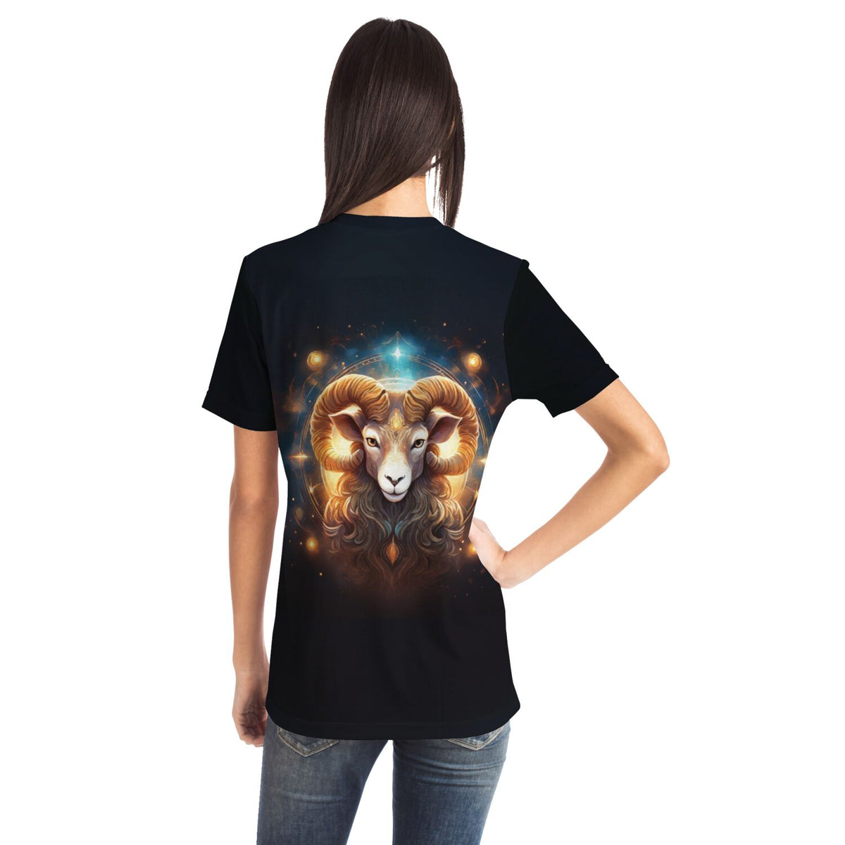 Schwarzes T-Shirt mit Widder Sternzeichen Motiv, ideal für Fans von Malen nach Zahlen und Diamond Painting Designs.