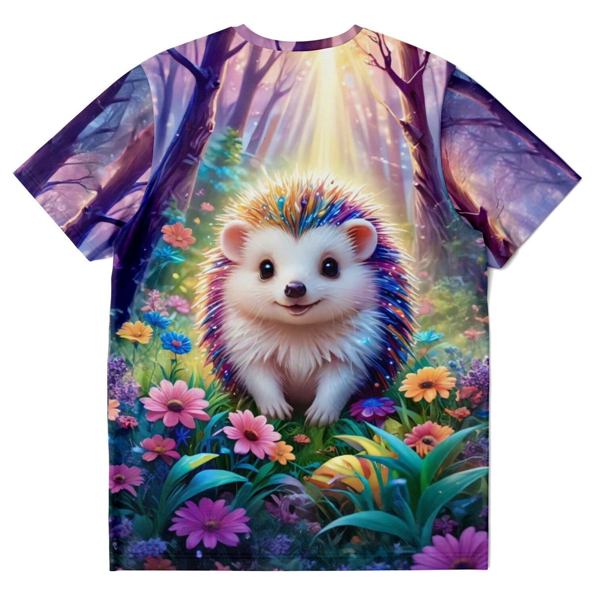 T-Shirt mit buntem Igel-Motiv im märchenhaften Wald, passend zum Stil unserer Diamond Painting und Malen nach Zahlen Sets