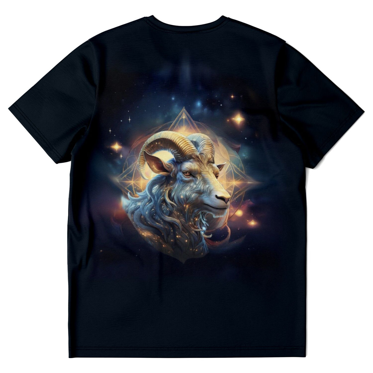 Schwarzes T-Shirt mit mystischem Sternzeichen Steinbock Motiv in galaxy-farbenem Kunst-Design
