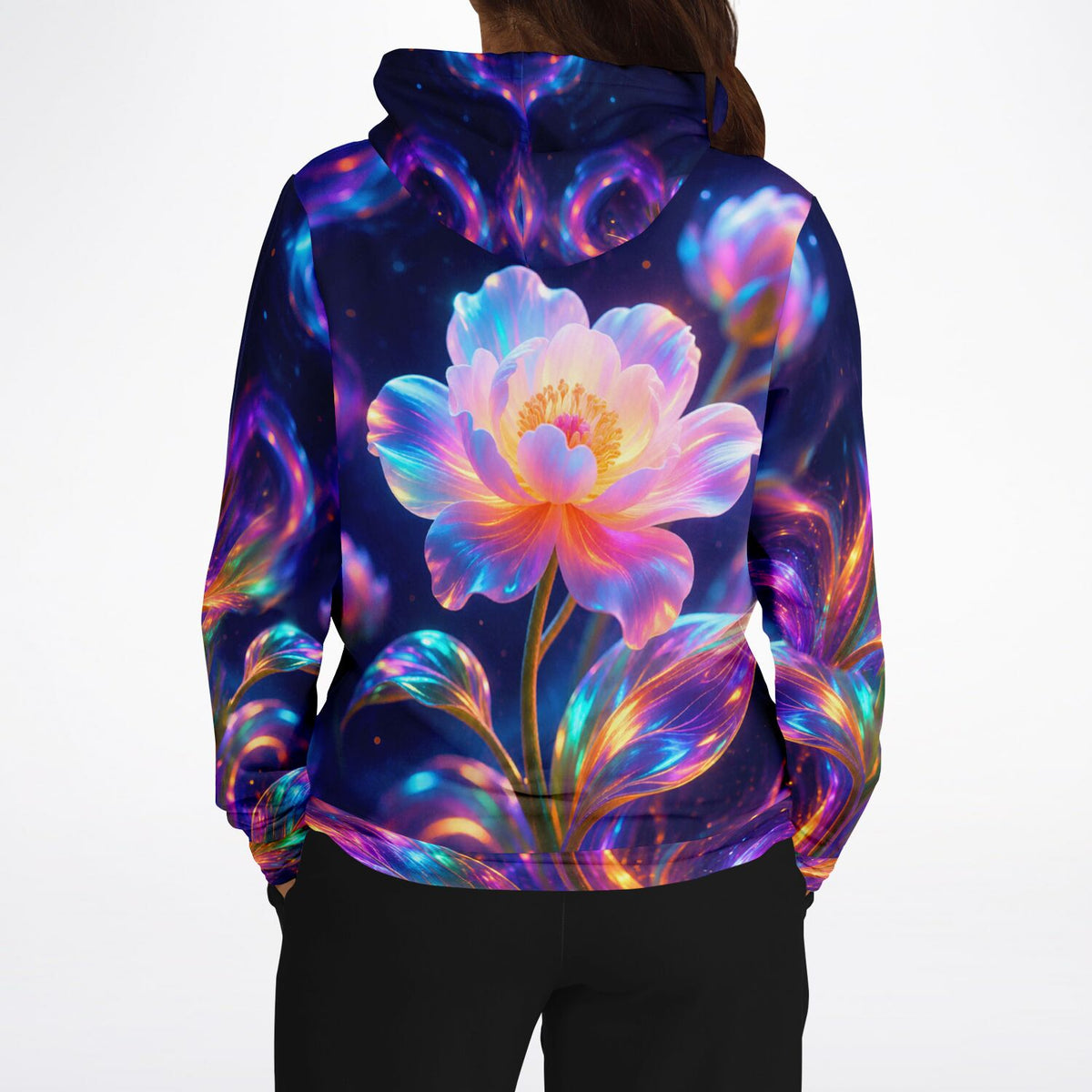 Dreamer Hoodie mit leuchtendem Blumen-Motiv in bunten Neonfarben, ideal für Fans von Diamond Painting und Kunstdesigns.