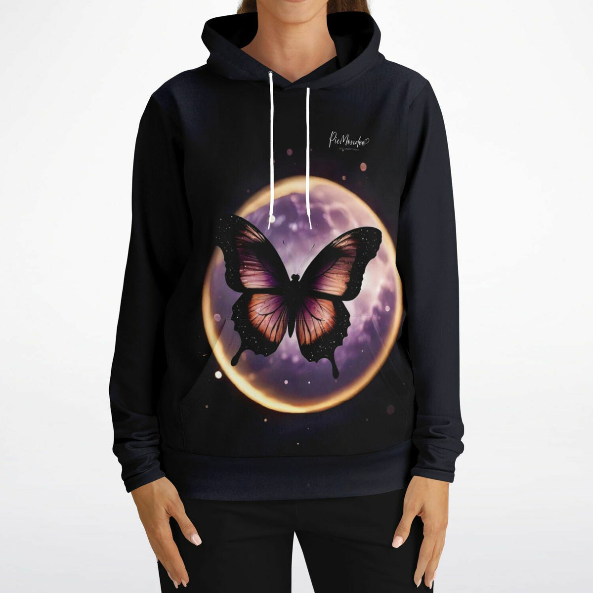 Schwarzer Picmondoo Hoodie mit lilafarbenem Schmetterling und leuchtendem Mondmotiv aus der Diamond Painting Kollektion