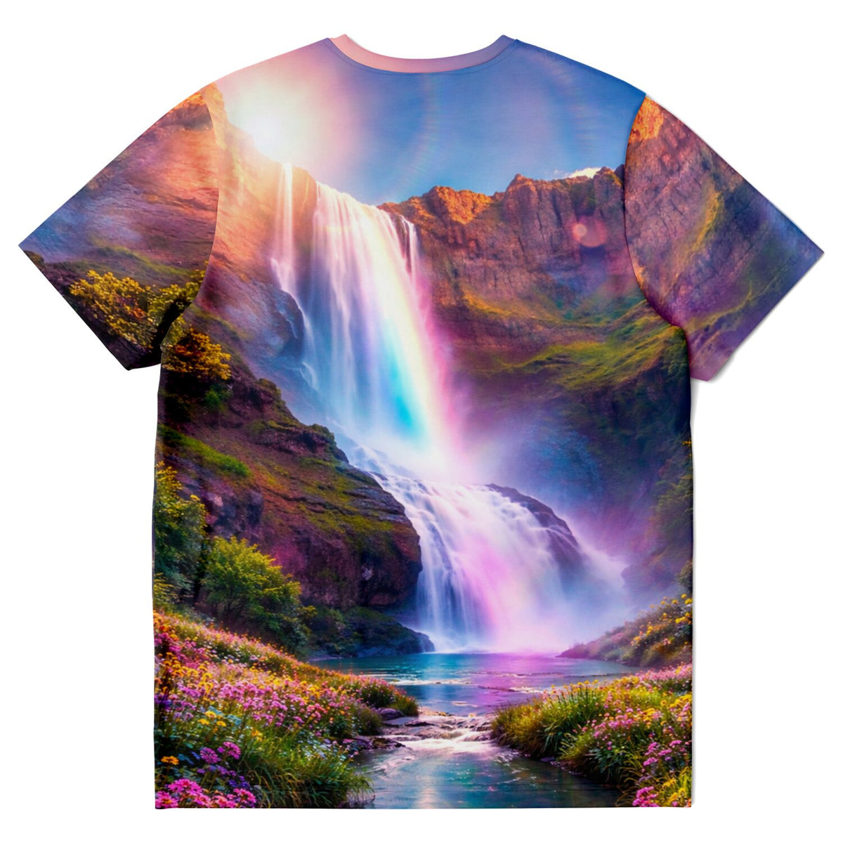 T-Shirt mit Wasserfall-Motiv, das von Diamond Painting und Malen nach Zahlen inspirierten Kunststilen geprägt ist.