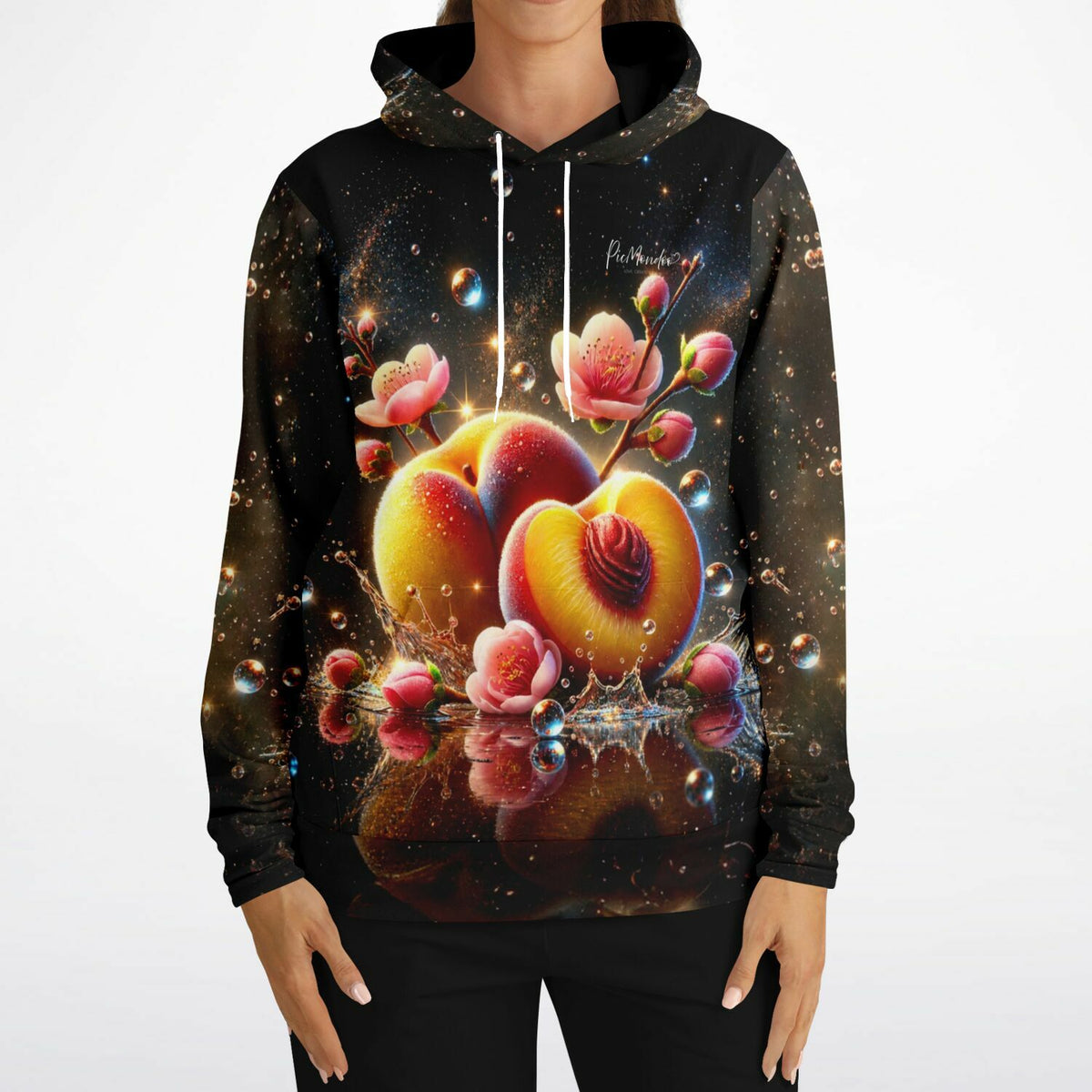 Dreamer Hoodie von Picmondoo mit Pfirsich-Motiv, kunstvollem AOP-Design und magischen Lichteffekten im Style von Diamond Painting
