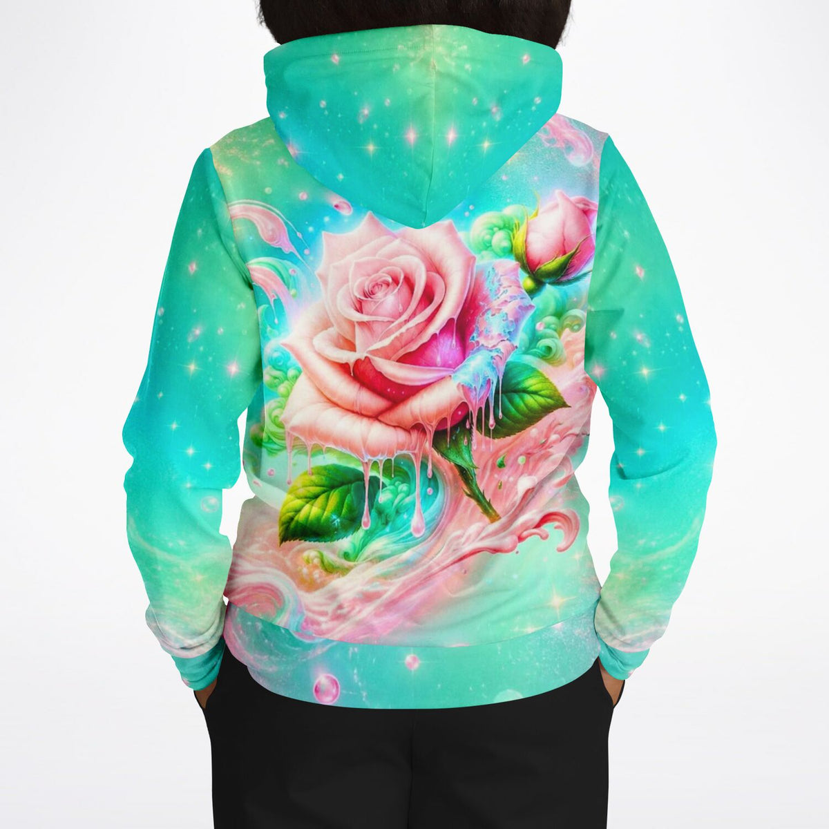 Dreamer Hoodie Candy Rose mit kunstvollem Rosen-Motiv in Mintgrün und Rosa für Fans von Diamond Painting & DIY-Kunst