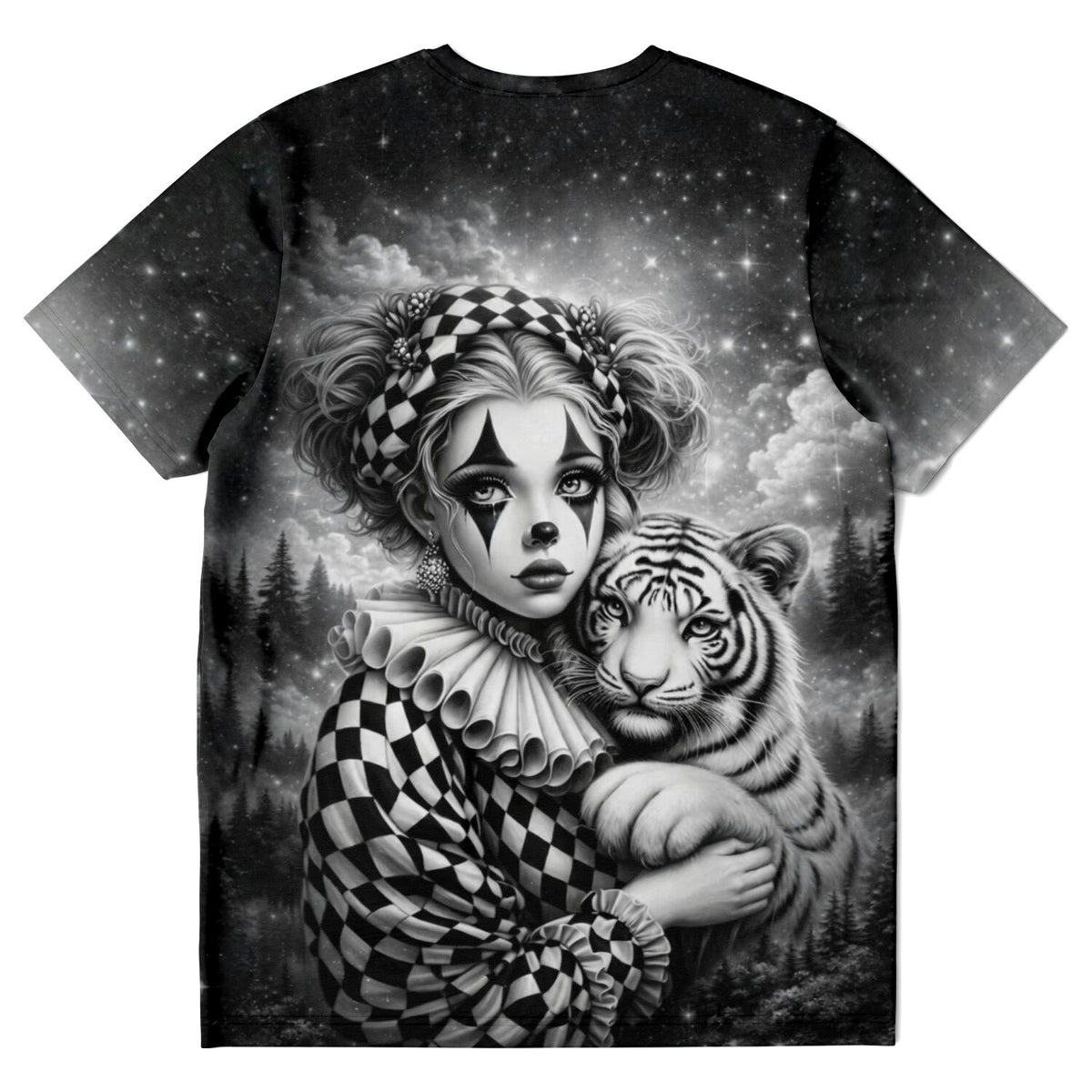 Dreamer T-Shirt Maskerade Motiv mit Clown und Tiger im Wald, schwarz-weißes Kunstdesign im Stil von Diamond Painting