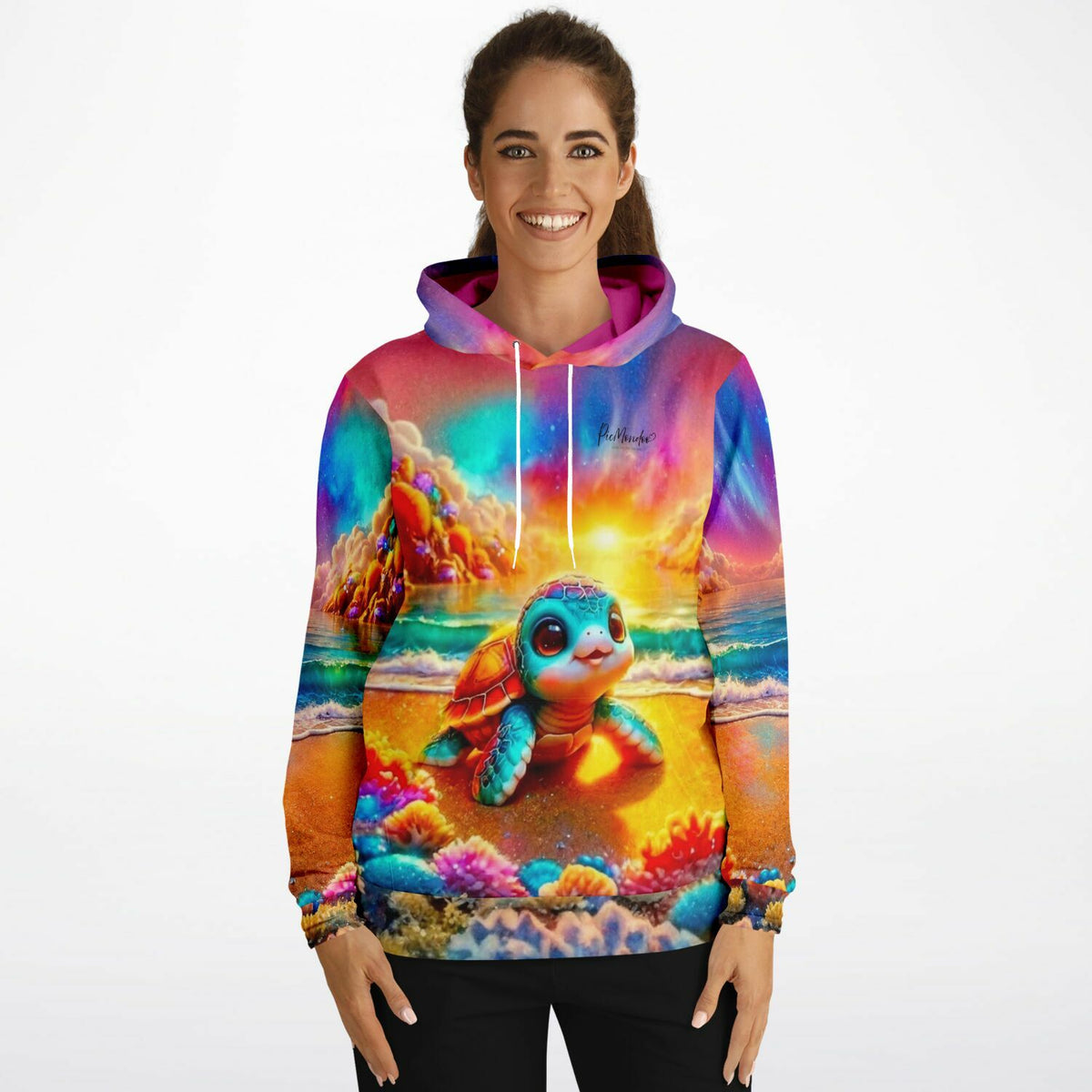 Hoodie mit Schildkröte am Funkelstrand in 100 Farben – buntes Kunstwerk im Diamond Painting Stil für DIY-Fans