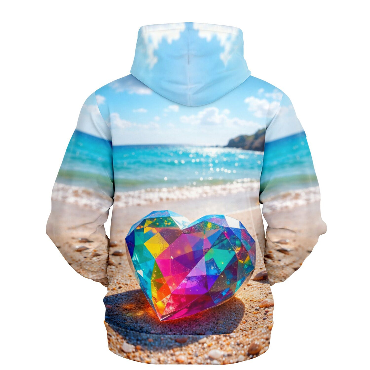 Hoodie mit buntem Kristallherz-Motiv im Diamond Painting Stil an einem Strand, perfekt für DIY- und Hobby-Fans