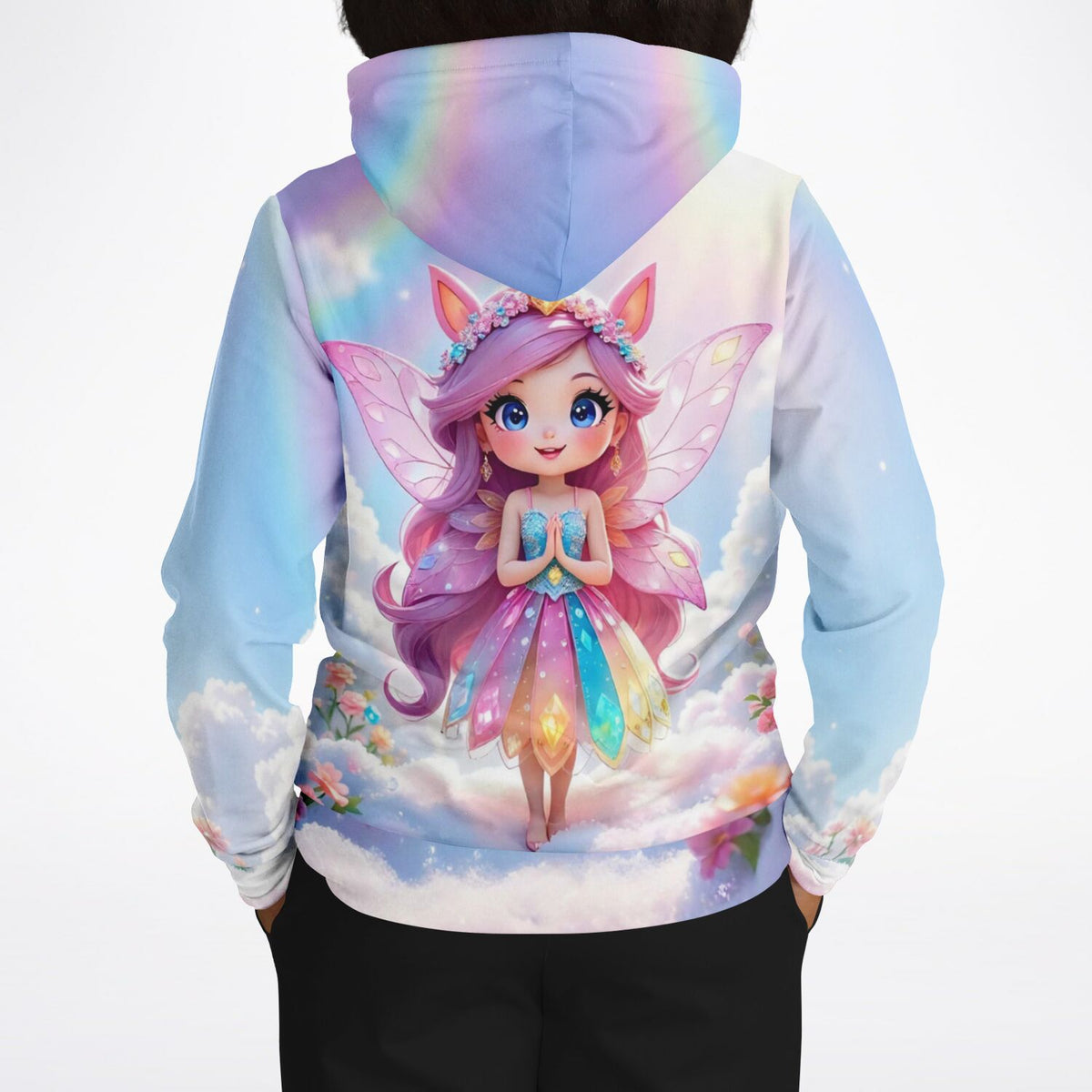 Dreamer Hoodie mit Fee im Wolkenreich Motiv in bunten Regenbogenfarben passend zu Diamond Painting und Malen nach Zahlen