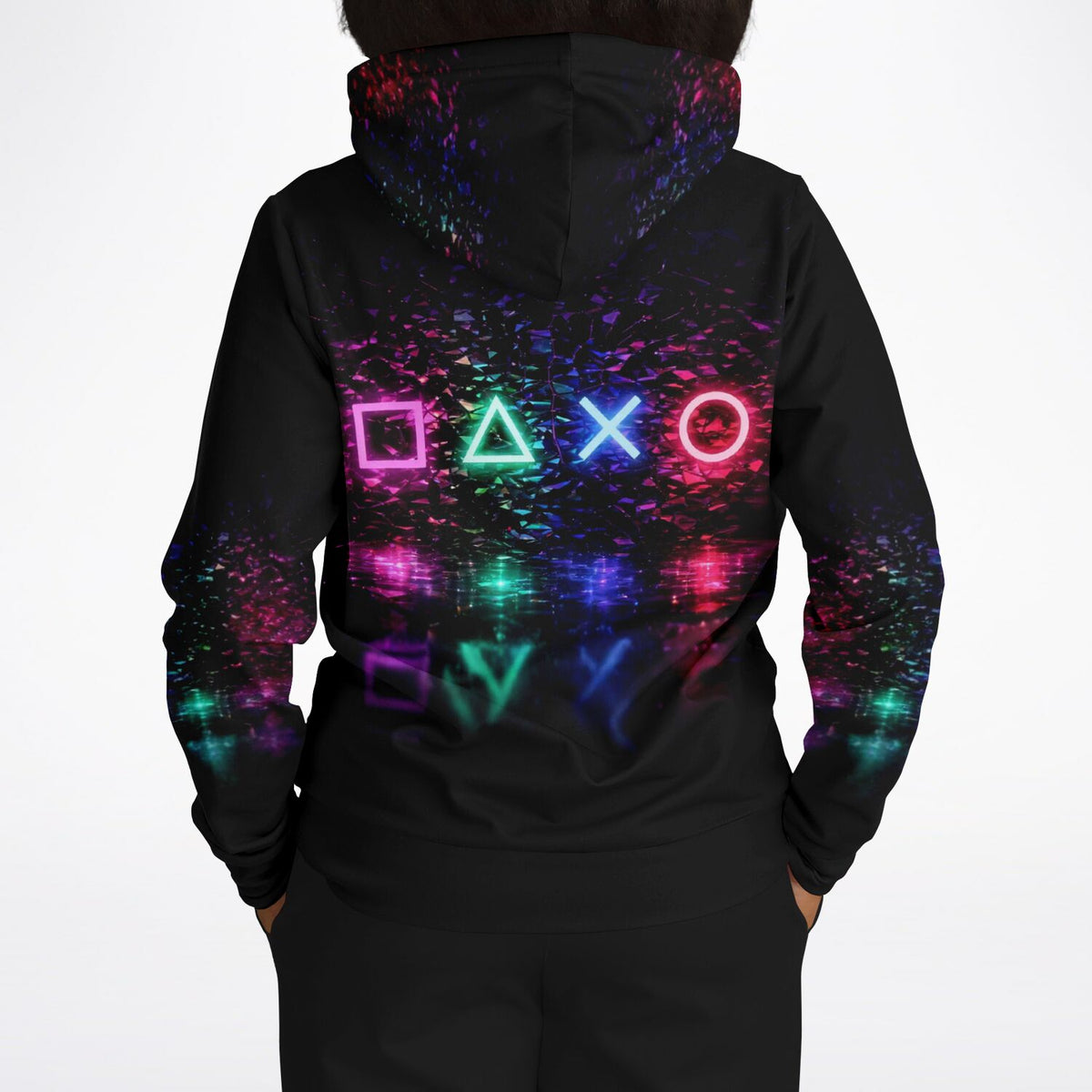 Schwarzer Gamer-Hoodie mit neonfarbenem Gaming-Controller-Button-Motiv und abstrakten Lichtreflektionen auf der Rückseite