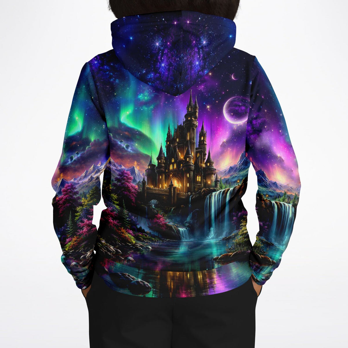 Dreamer Hoodie Echos des Himmels mit magischem Schloss, Polarlichtern und Galaxie-Motiv im Stil von Diamond Painting