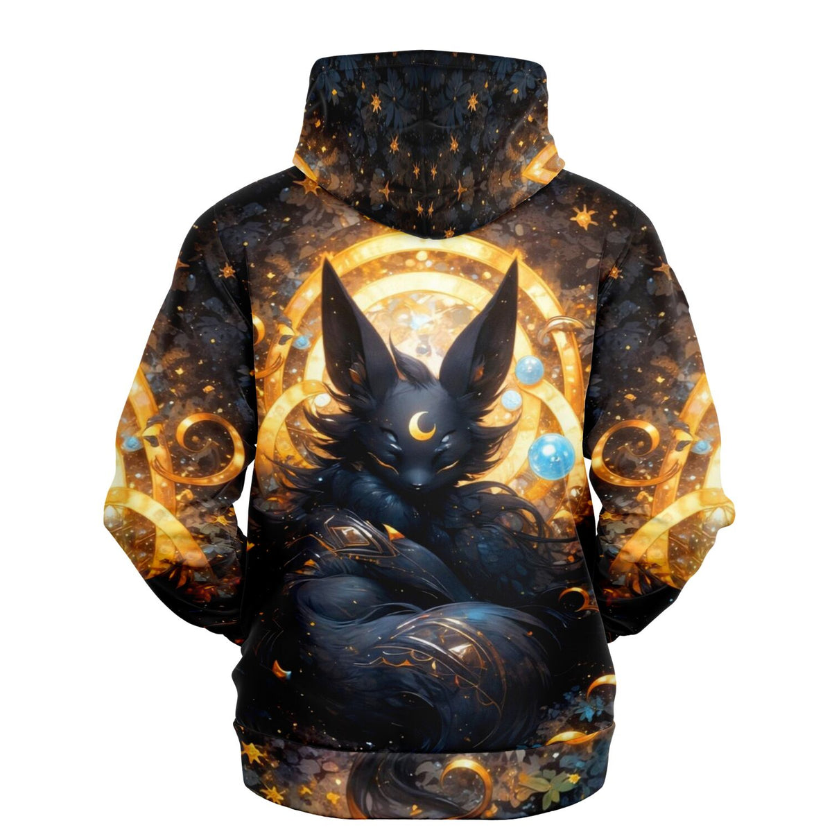 Dreamer Hoodie mit mystischem Nachtwesen Motiv, AOP-Druck mit goldenen Ornamenten und Mondsymbol