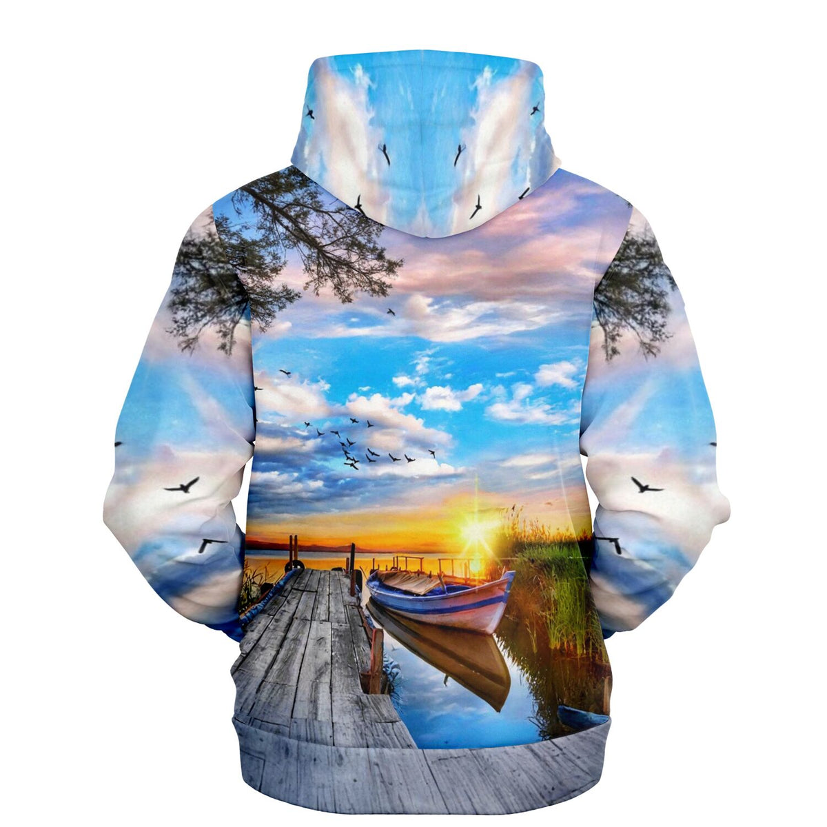 Dreamer Hoodie mit sonnigem See-Motiv und Holzsteg, perfekt für Fans von Diamond Painting und Malen nach Zahlen