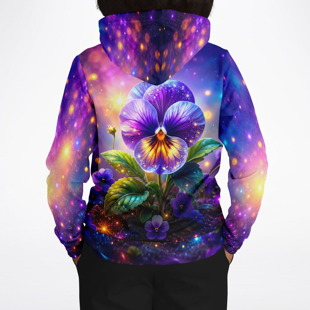 Dreamer Hoodie Sternenveilchen mit leuchtendem Blumenmotiv im Galaxie-Design, perfekt für Fans von Diamond Painting Kunst.