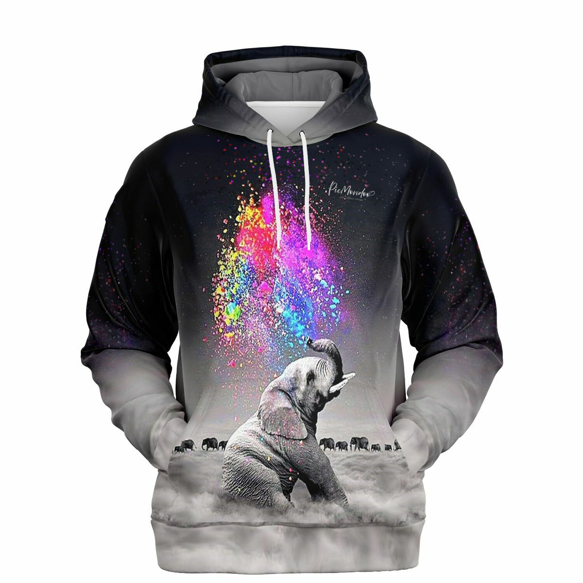Dreamer Hoodie mit Elefant Motiv Farbenspiel, inspiriert von Diamond Painting und Malen nach Zahlen Kunstwerken.