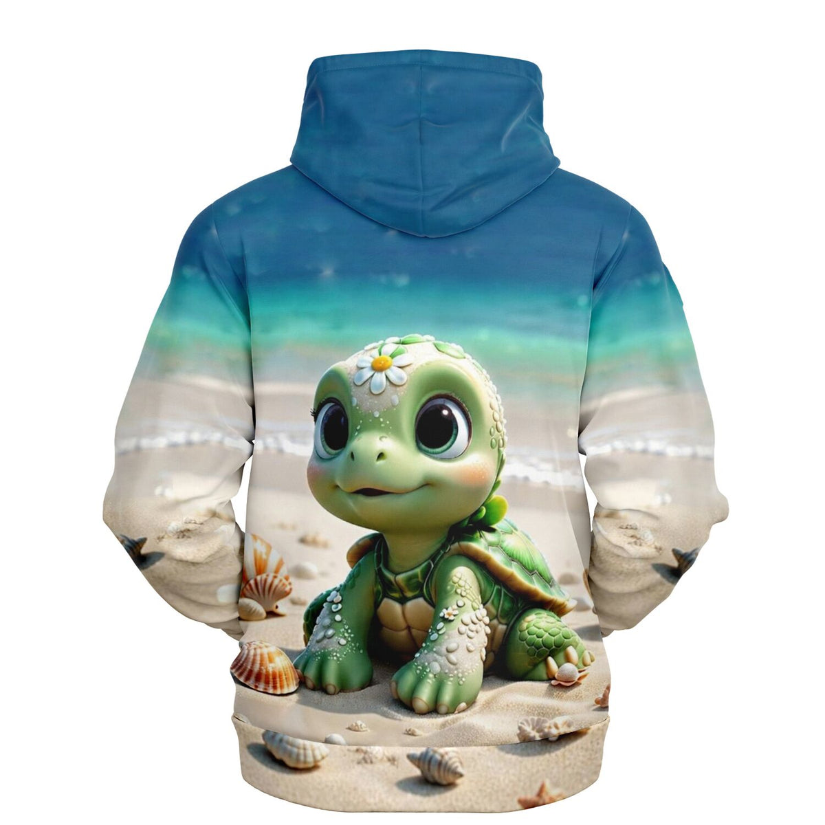 Dreamer Hoodie mit niedlichem Schildkröten-Motiv am Strand, AOP Design passend zu Malen nach Zahlen und Diamond Painting