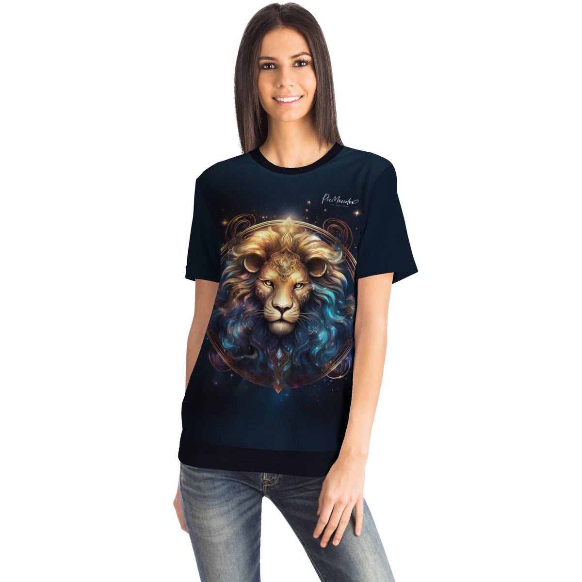 Schwarzes Dreamer T-Shirt mit Löwe Sternzeichen Motiv im künstlerischen Diamond Painting Design für Erwachsene