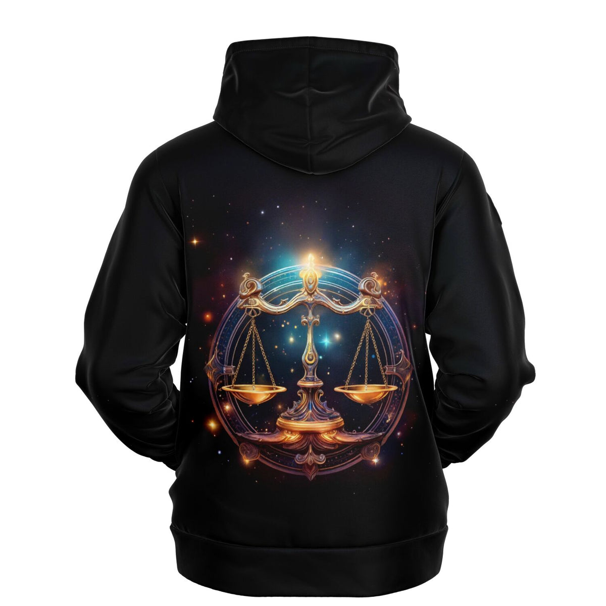 Schwarzer Hoodie mit Sternzeichen Waage Druck und magischem Weltraumdesign