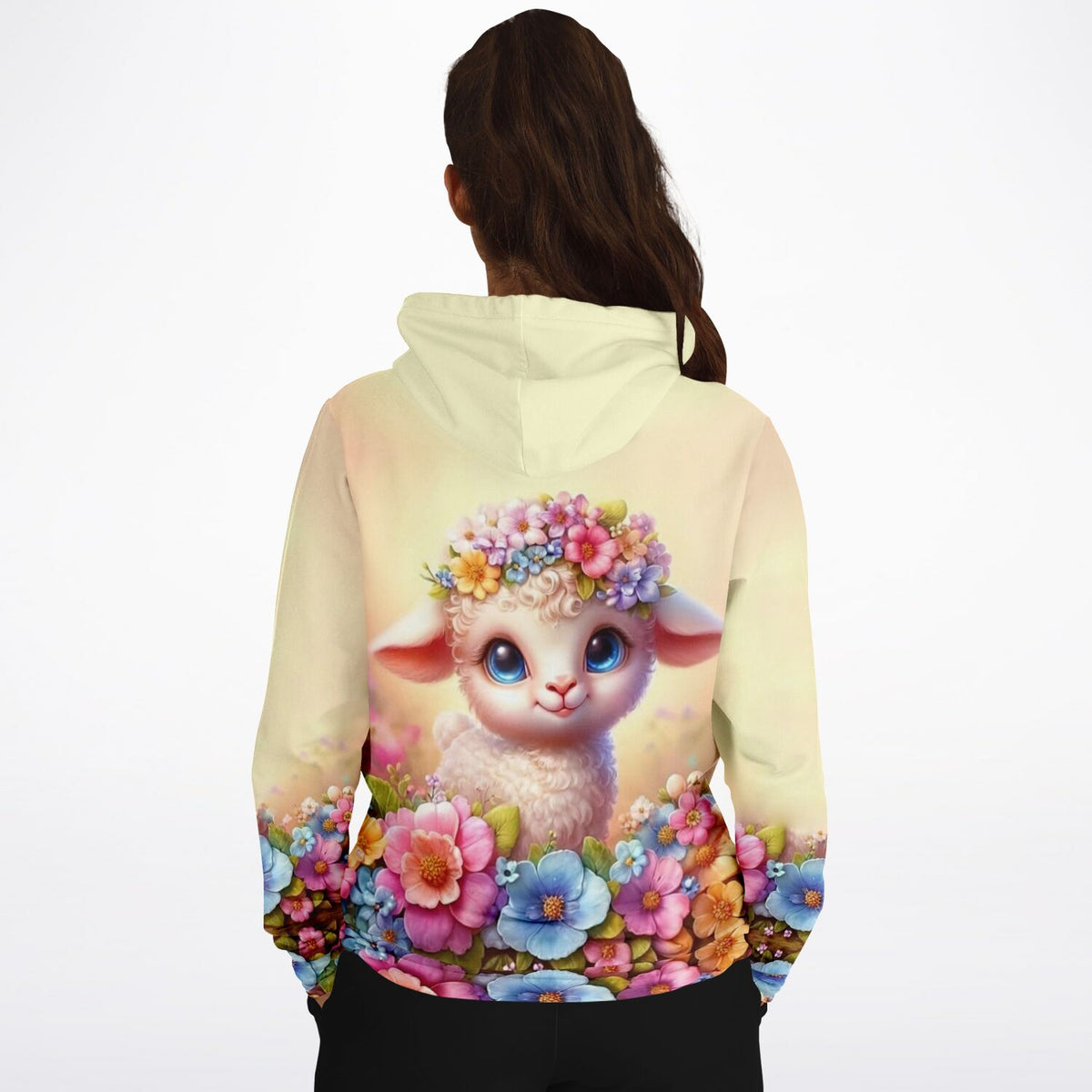 Dreamer Hoodie mit Osterlämmchen Lupina Print, floralem Design und bunten Blumen, ideal für Liebhaber kreativer Mode.