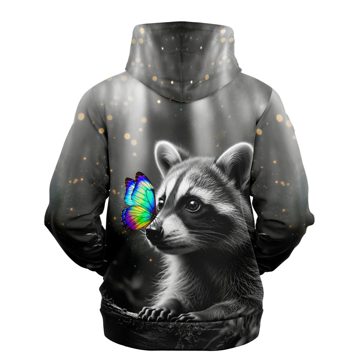 Dreamer Hoodie mit Waschbär und buntem Schmetterling im Stil unserer Diamond Painting Sets für Erwachsene