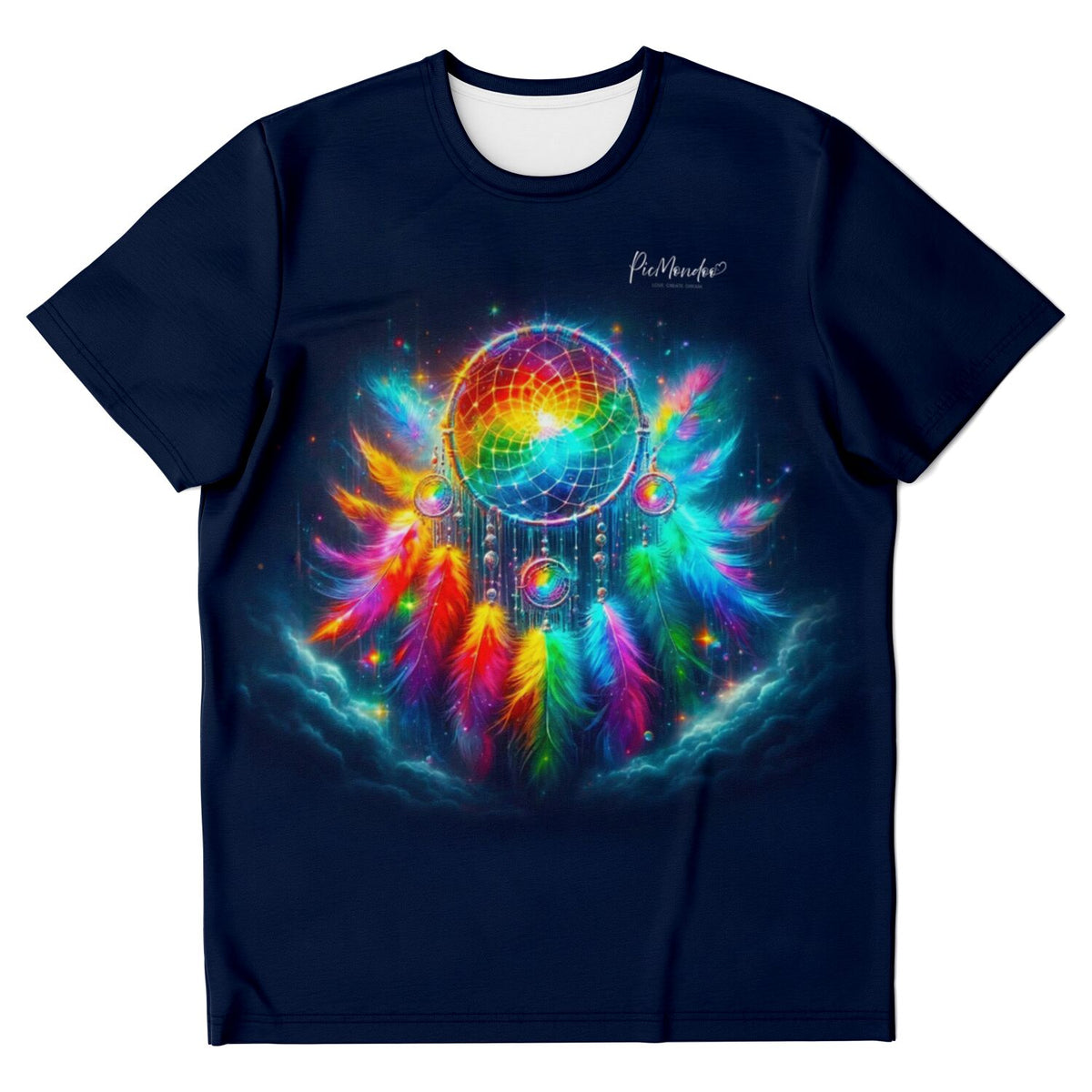 Dunkelblaues T-Shirt mit farbenfrohem Dreamer Traumfänger-Motiv und leuchtenden Federn im Stil von Diamond Painting Kunst