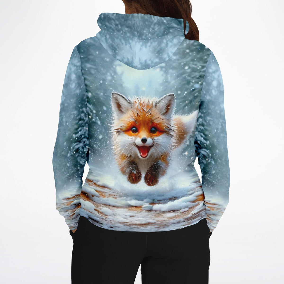 Dreamer Hoodie mit springendem Fuchs im Winterwald, ideal für Fans von Malen nach Zahlen und Diamond Painting Motiven