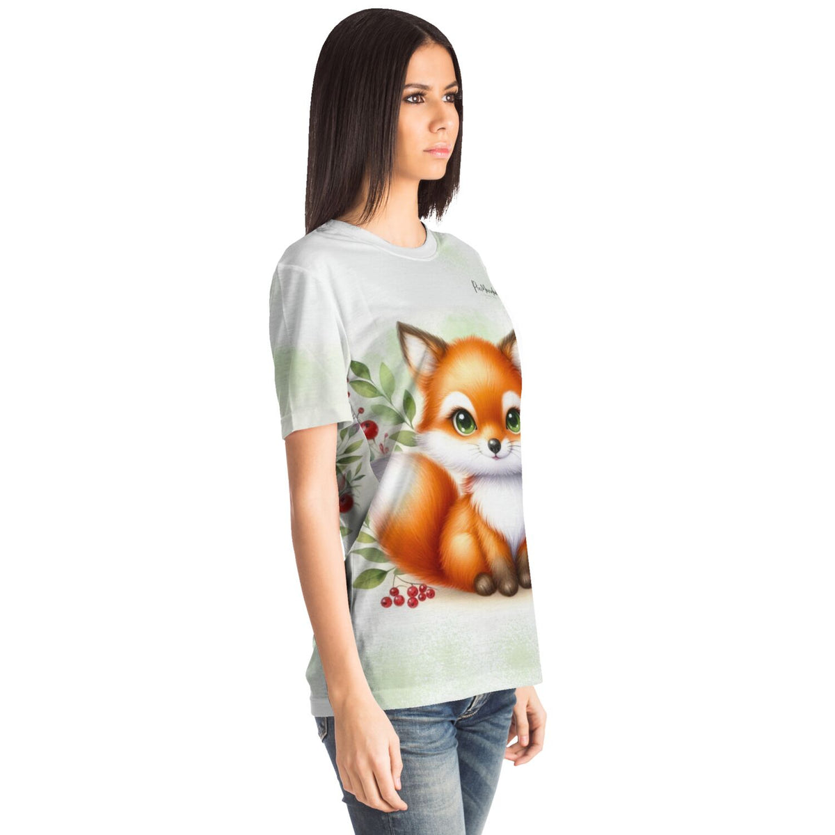 Frau trägt weißes Dreamer T-Shirt mit süßem Freddy Füchschen Motiv, inspiriert von Diamond Painting und Malen nach Zahlen