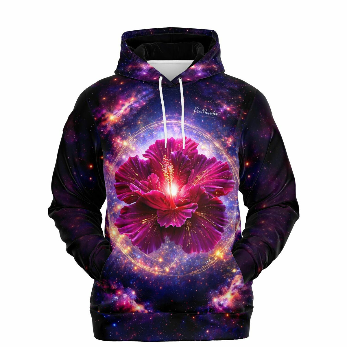 Dreamer Hoodie mit leuchtend violetter Hibiskus-Blüte, Galaxy-Print und kosmischem Hintergrund im picmundoo.comsign