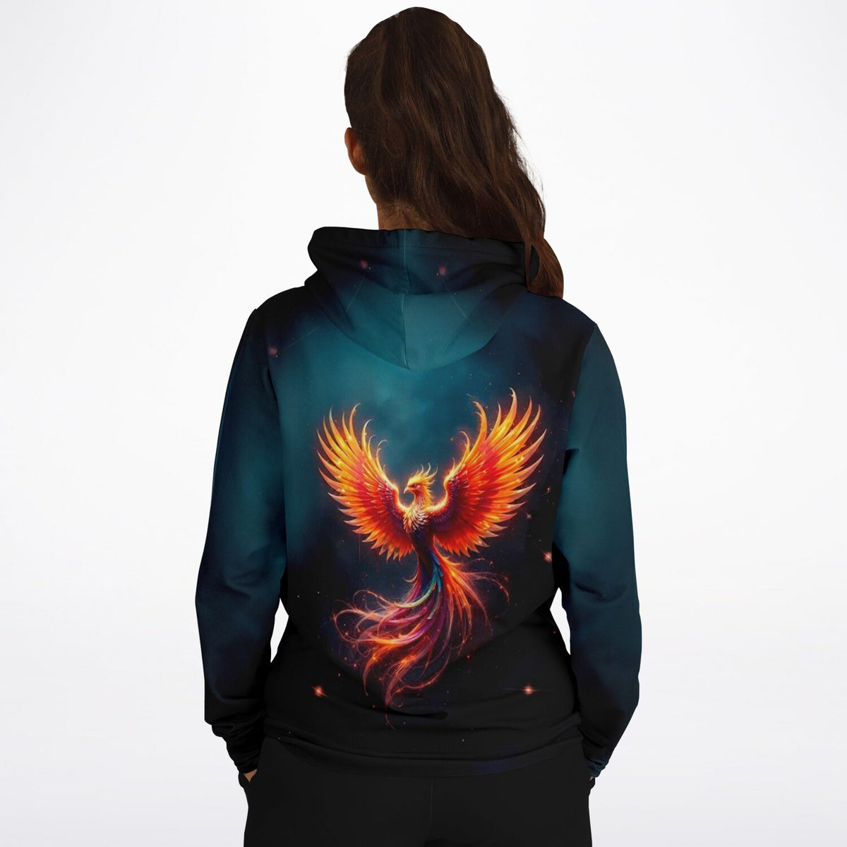 Dreamer Hoodie mit feurigem Phönix-Motiv, das an kunstvolle Designs von Diamond Painting und Malen nach Zahlen erinnert.