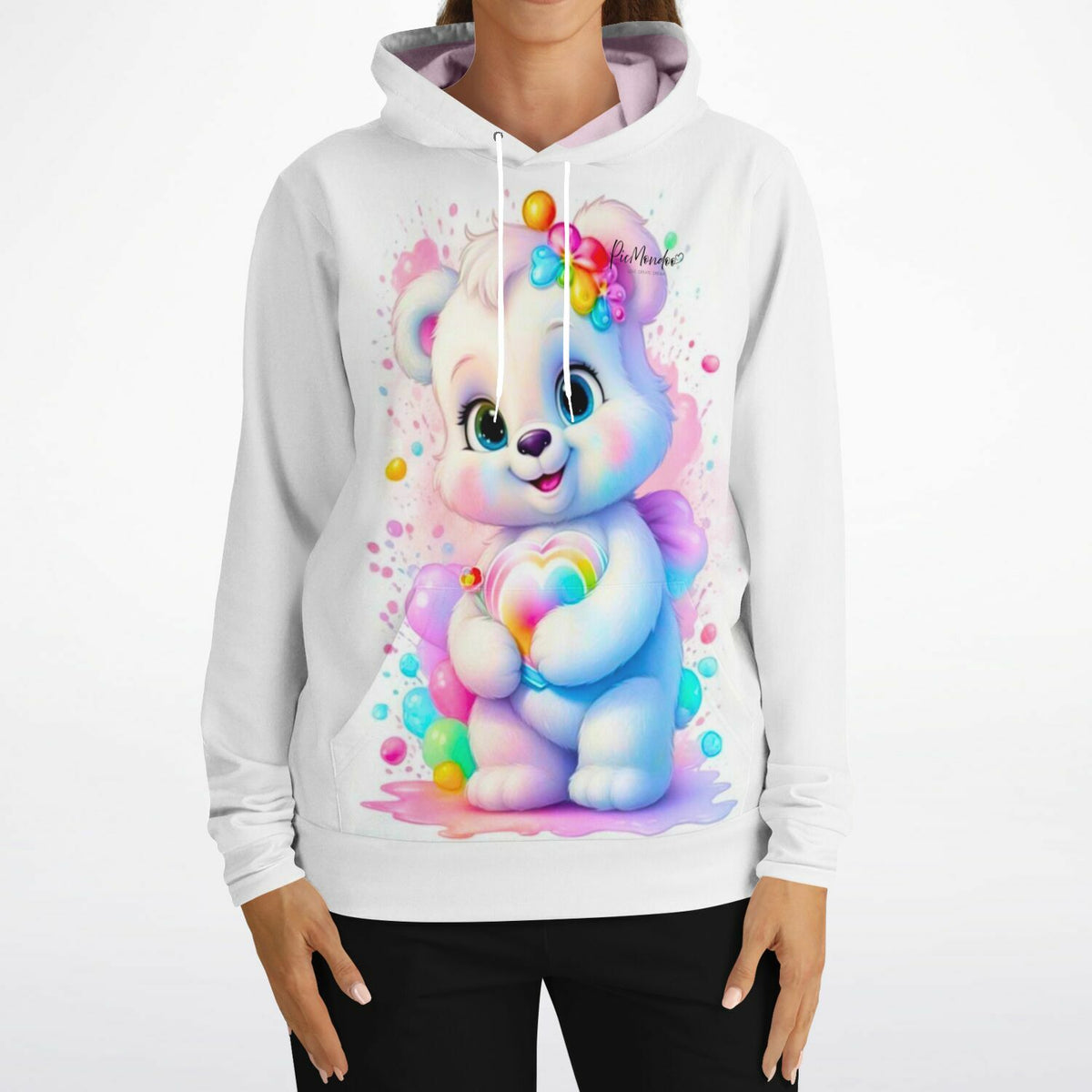 Weißer Kapuzenpullover mit buntem Herzensbärchen Print im Diamond Painting Stil für DIY-Fans