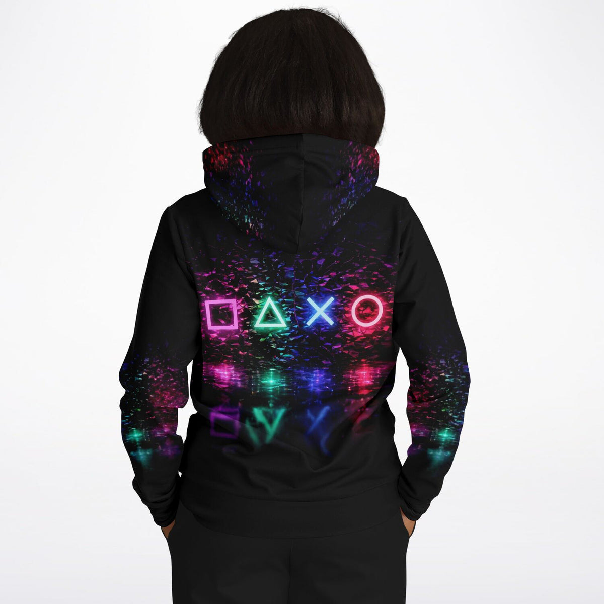 Schwarzer Hoodie mit Neon Gaming-Symbolen und buntem Glitzereffekt, inspiriert vom Designstil moderner Kunstwerke.