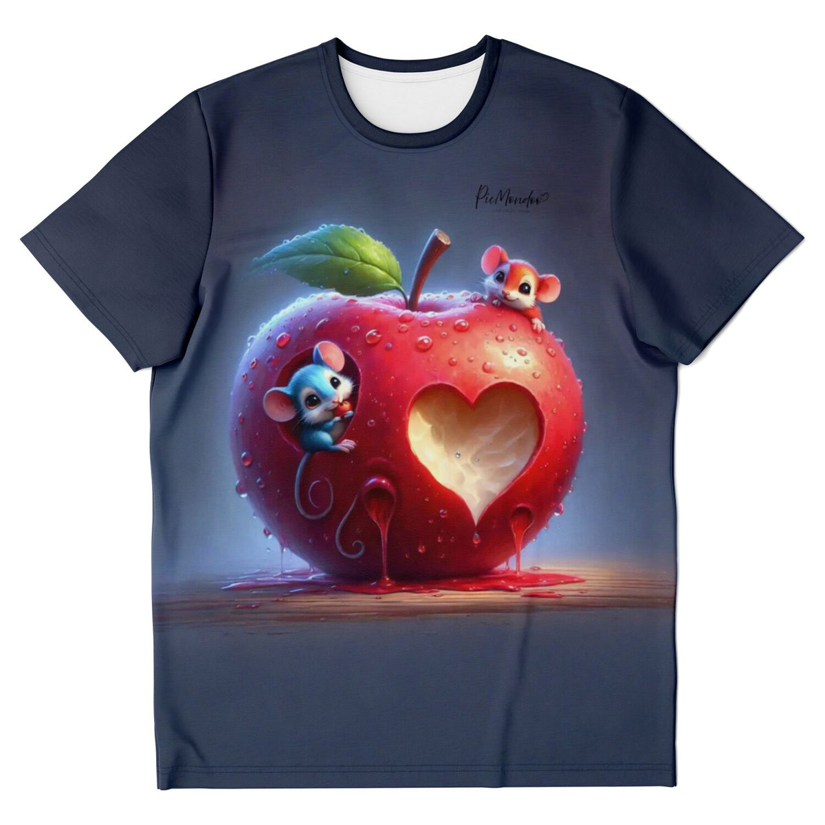 Dunkelblaues T-Shirt mit Motiv von zwei süßen Mäusen in einem herzförmigen Apfel, inspiriert von Diamond Painting Kunst.