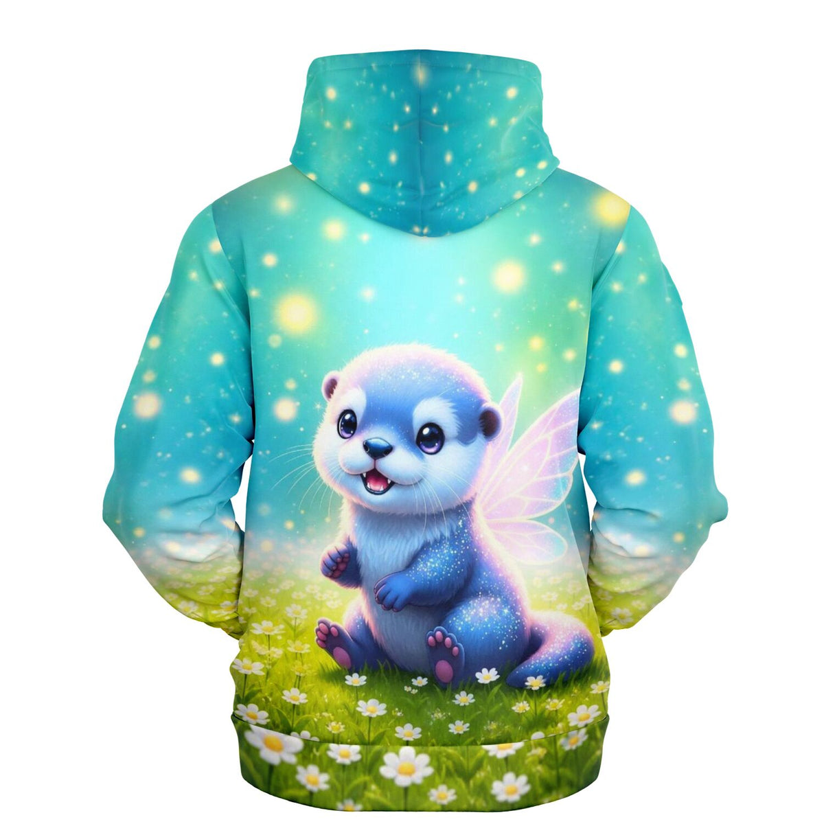 Dreamer Hoodie mit feenhaftem Otter-Motiv Mira in magischer Wiesenlandschaft, ideal für Fans von Diamond Painting