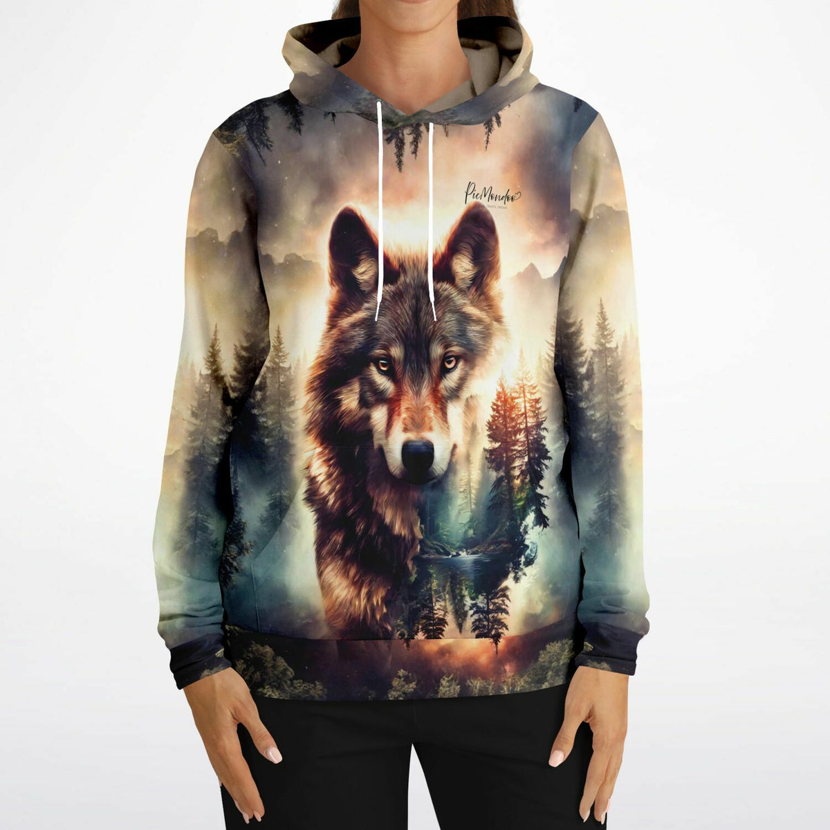 Hoodie mit Motiv Geist des Waldes und stolzem Wolf in Waldlandschaft, perfekt für Fans von Diamond Painting und Kunst.