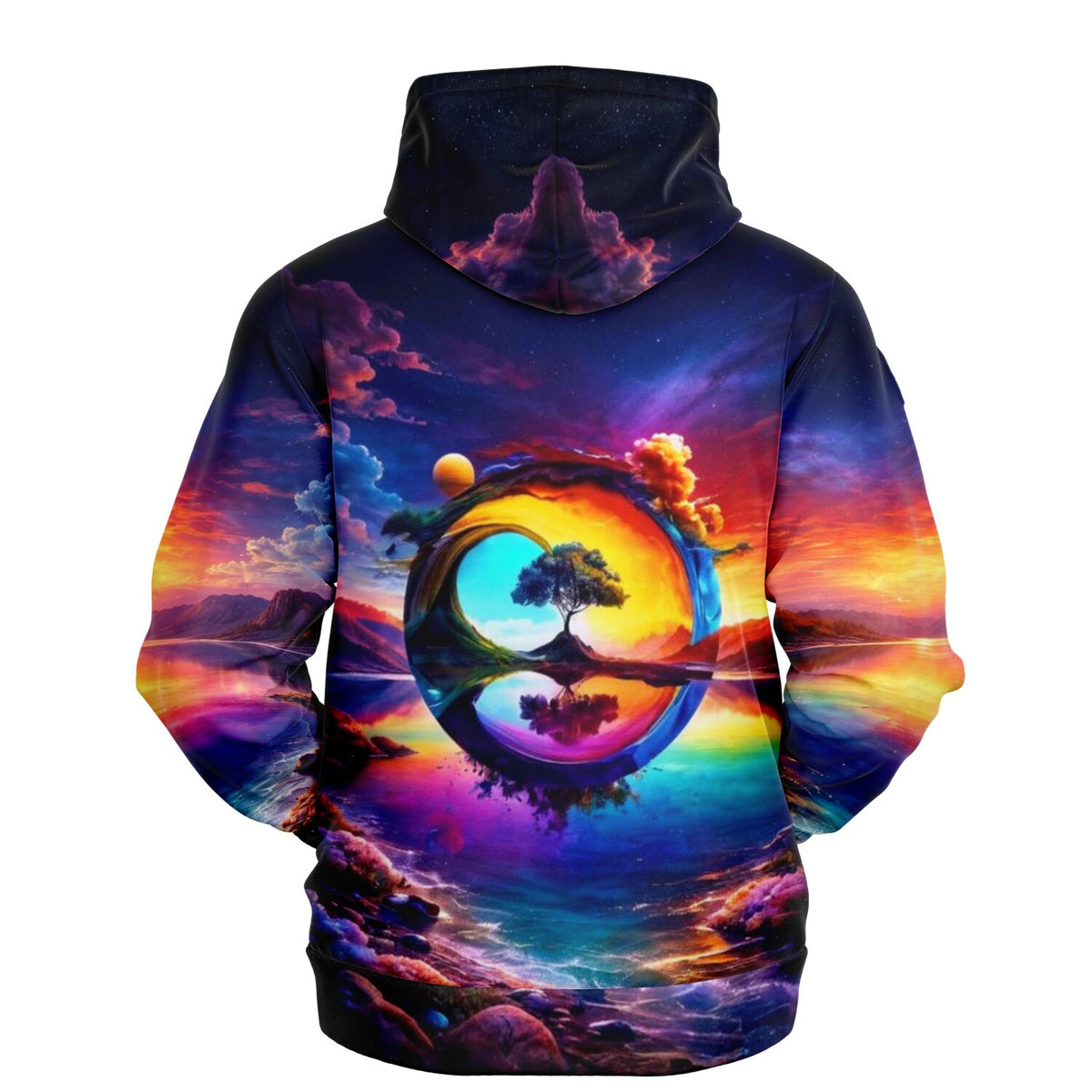 Dreamer Hoodie mit farbenfrohem Fantasy-Landschaftsmotiv, inspiriert von Diamond Painting Kunstwelten, Rückansicht